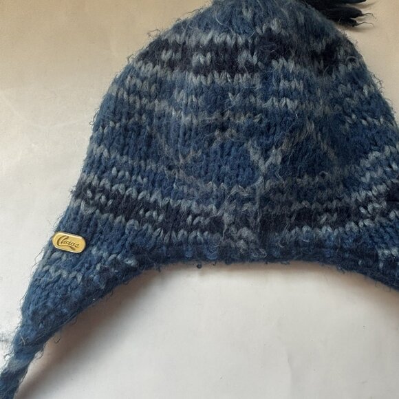 Vintage Chaos Ear Flap Hat Beanie Knit Soft Winter Warm Blue Gray Pom Pom - Picture 3 of 11